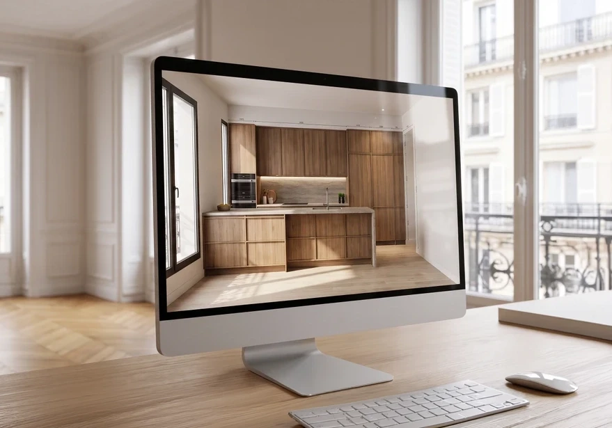 Photographie réaliste d'un écran d'ordinateur de bureau ou tablette tactile affichant une modélisation 3D professionnelle d'une cuisine moderne sur mesure. L'écran montre le rendu visuel en temps réel avec une perspective immersive de l'agencement complet : façades de meubles, plan de travail, électroménager intégré, éclairage, et dimensions précises. L'écran est positionné de manière à être bien visible, avec en arrière-plan flou une pièce d'intérieur réelle (salon ou cuisine partiellement visible). L'image suggère la transition entre la visualisation numérique et la réalité de l'aménagement. Éclairage naturel ou professionnel mettant en avant l'interface logicielle claire et le contraste entre l'écran et l'environnement. Style photographique épuré, professionnel et moderne.